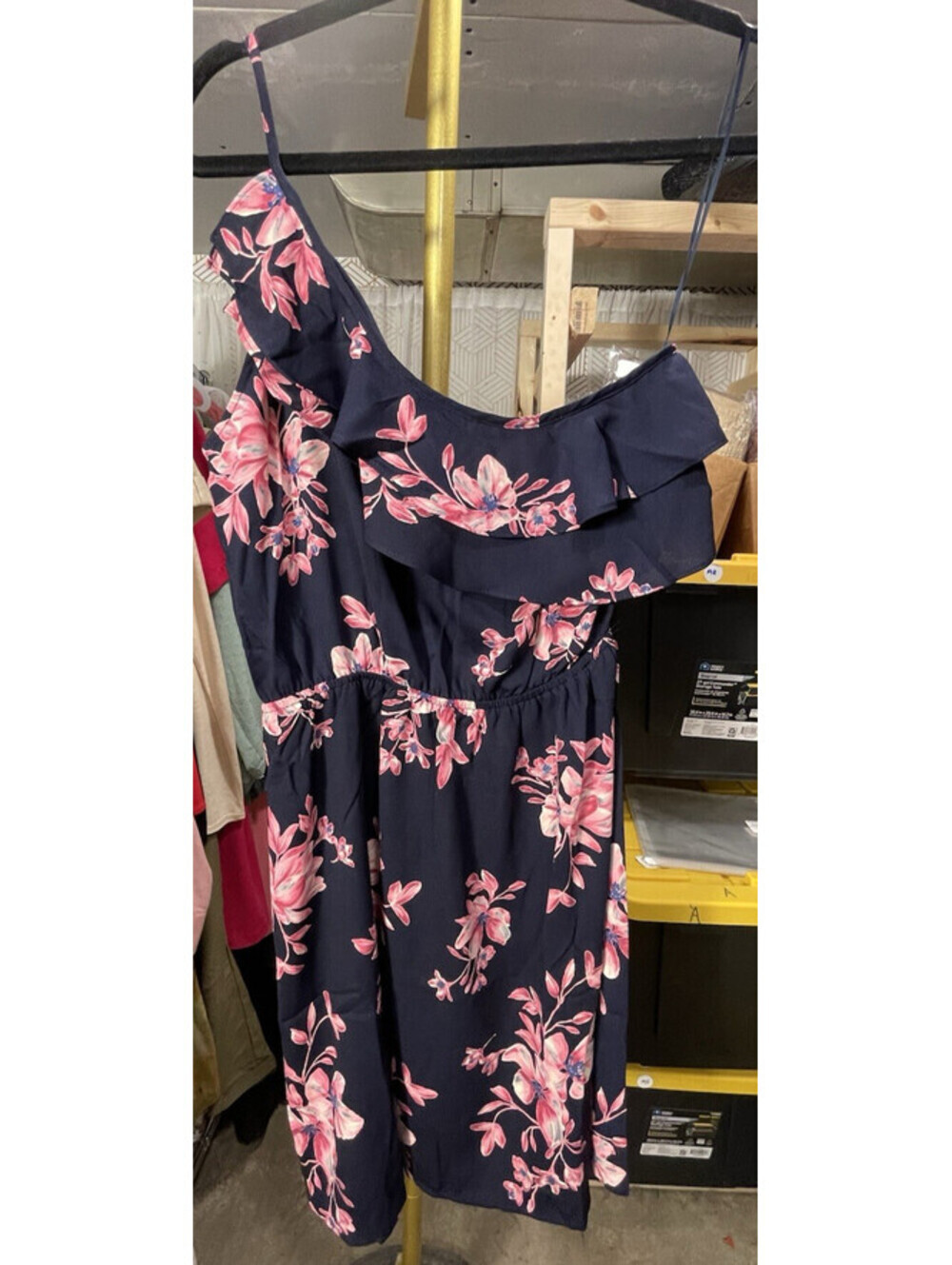 Collective Concepts One Shoulder Ruffle Dress M Navy Pink Floral Fit Flare NWT